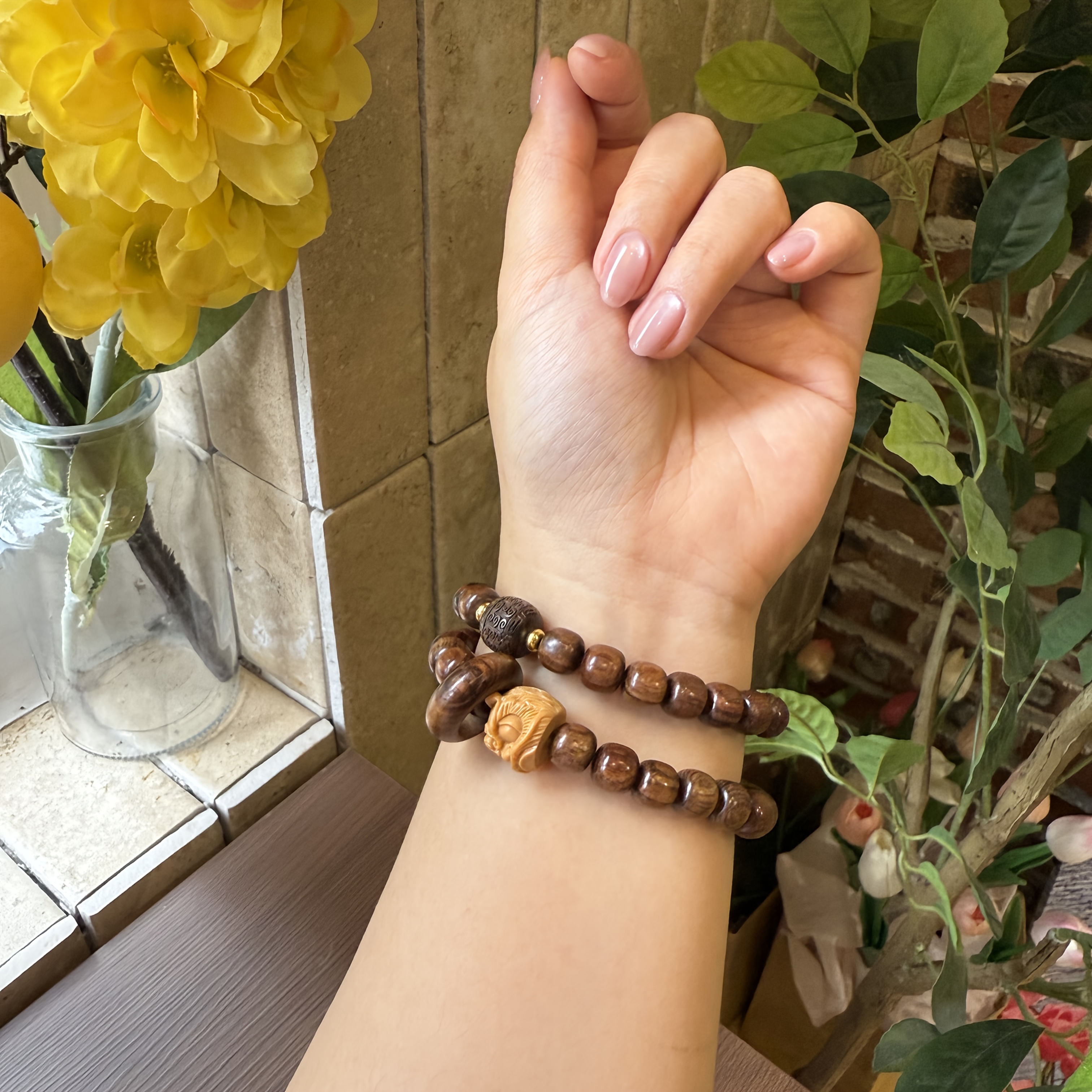 Natural Sandalwood Double Wrap Temple Bracelet with Guardian Lion Charm